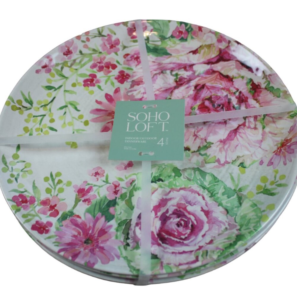 Soho Loft Pink Rose Floral Set of 4 Melamine 11" Dinner Plates White NWT RARE